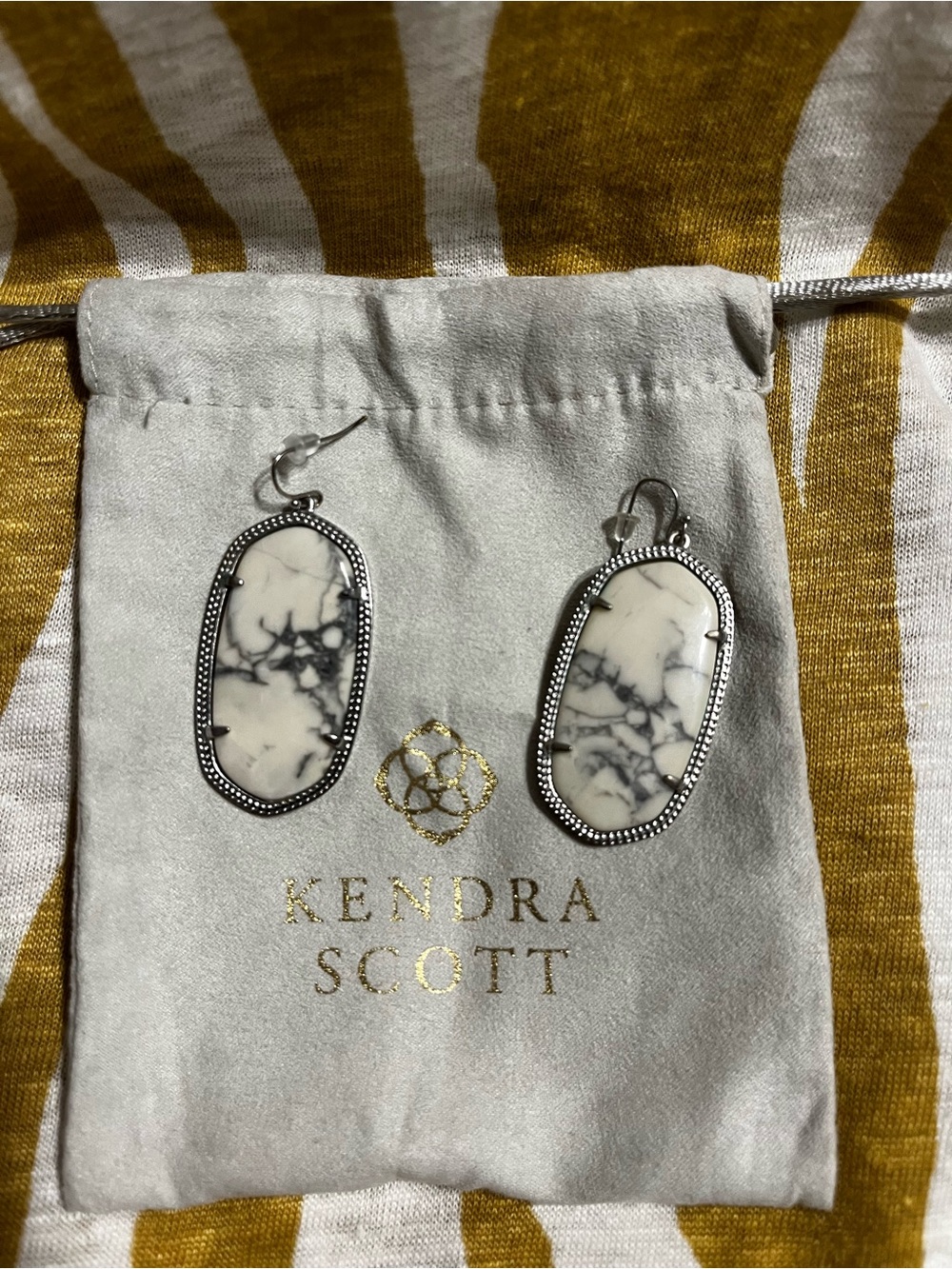 Kendra Scott White Marble Drop Earrings with Silver Trim